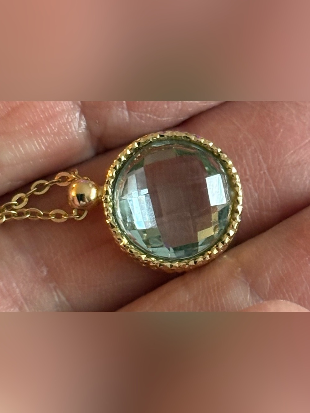 14k yellow gold raised checkerboard faceted blue topaz pendant necklace